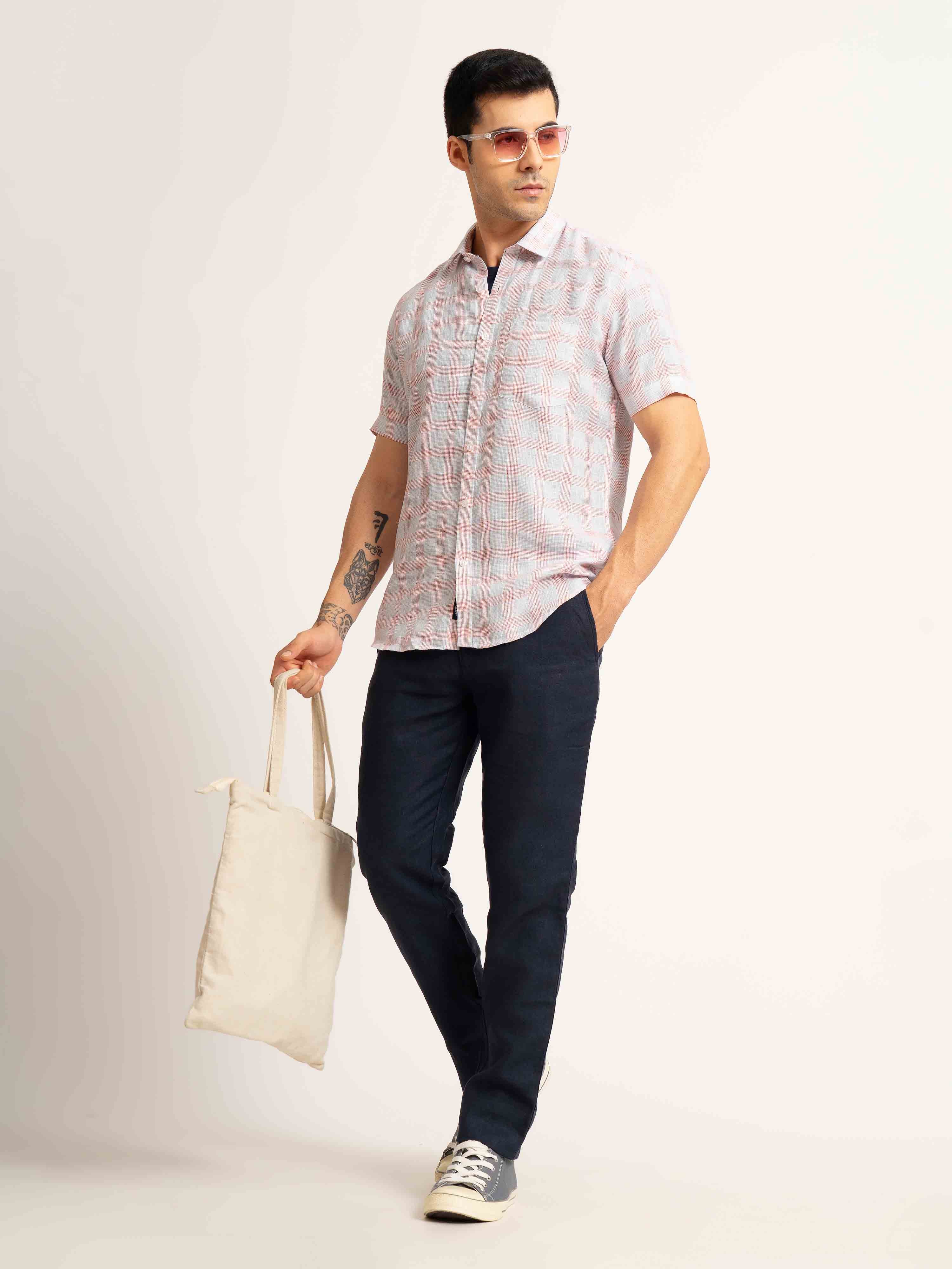ST4U Men's Pure Linen Half Sleeve Checked Shirt – Red Blue Checks