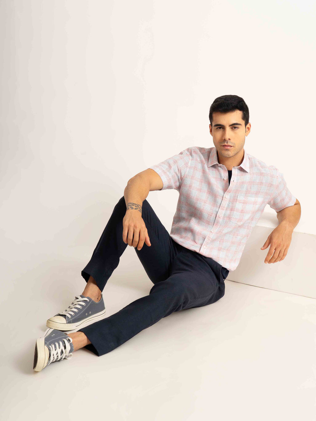 ST4U Men's Pure Linen Half Sleeve Checked Shirt – Red Blue Checks