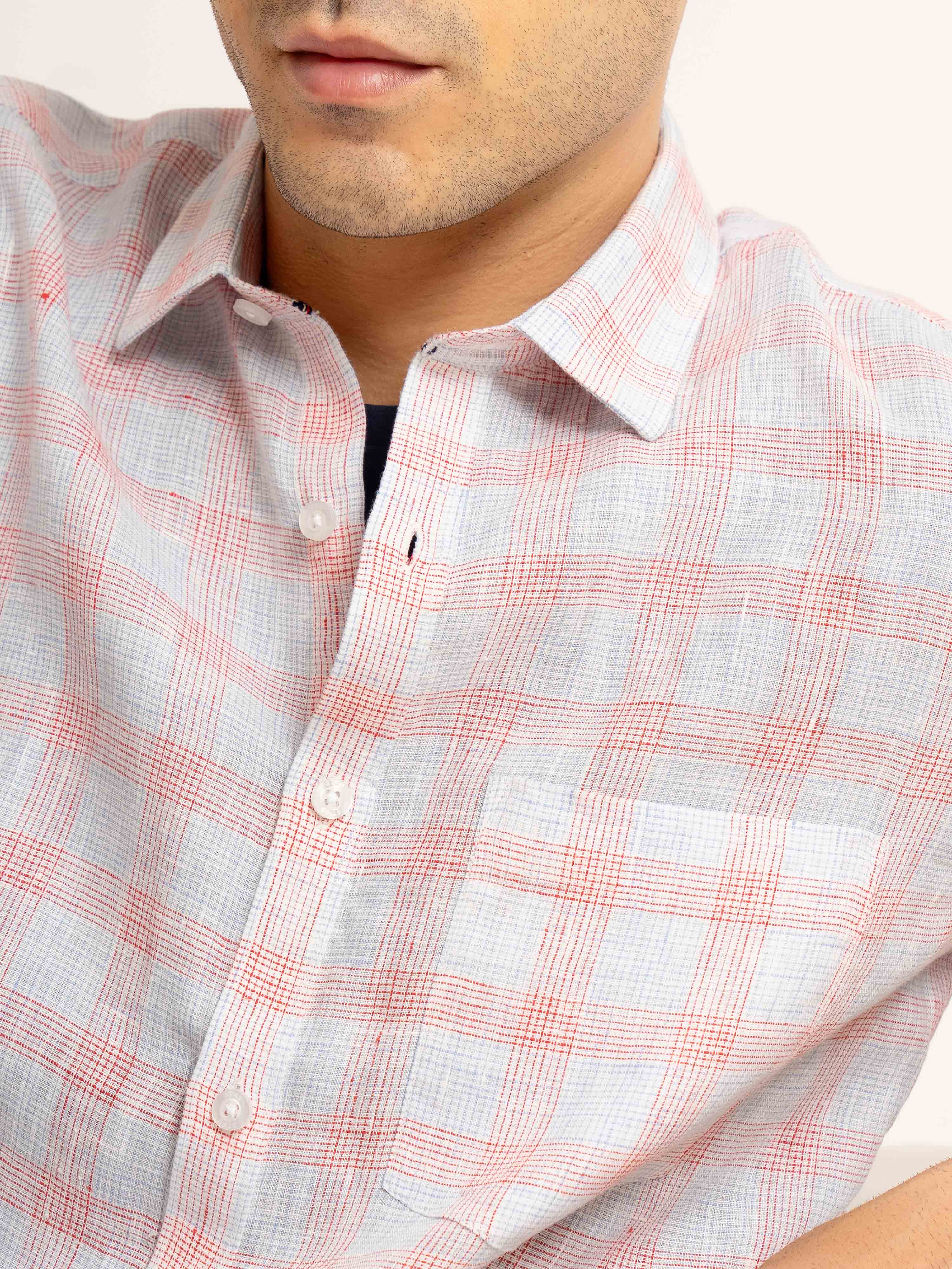 ST4U Men's Pure Linen Half Sleeve Checked Shirt – Red Blue Checks