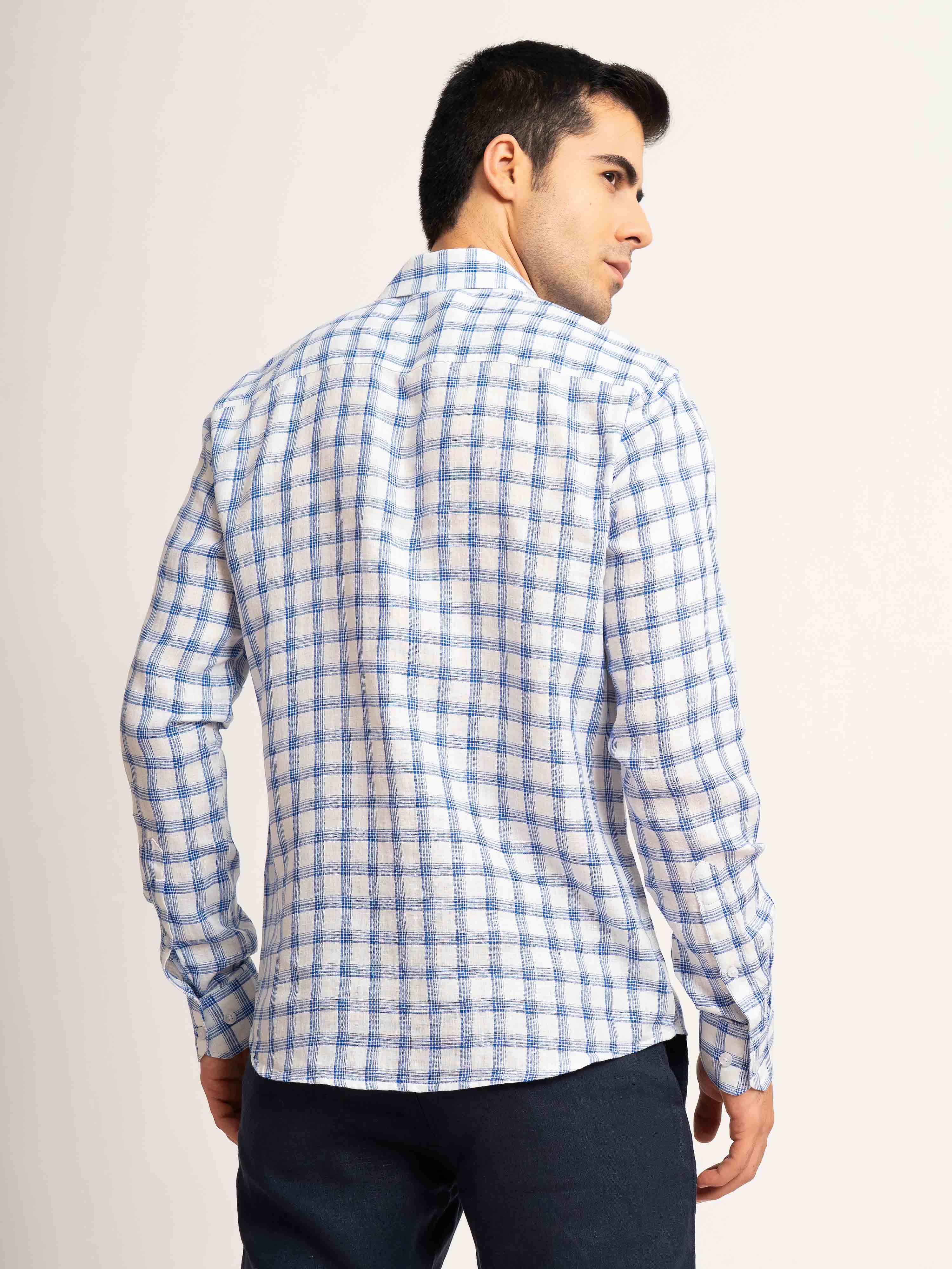 ST4U Men's Pure Linen Full Sleeve Checked Shirt – Dark Blue Checks