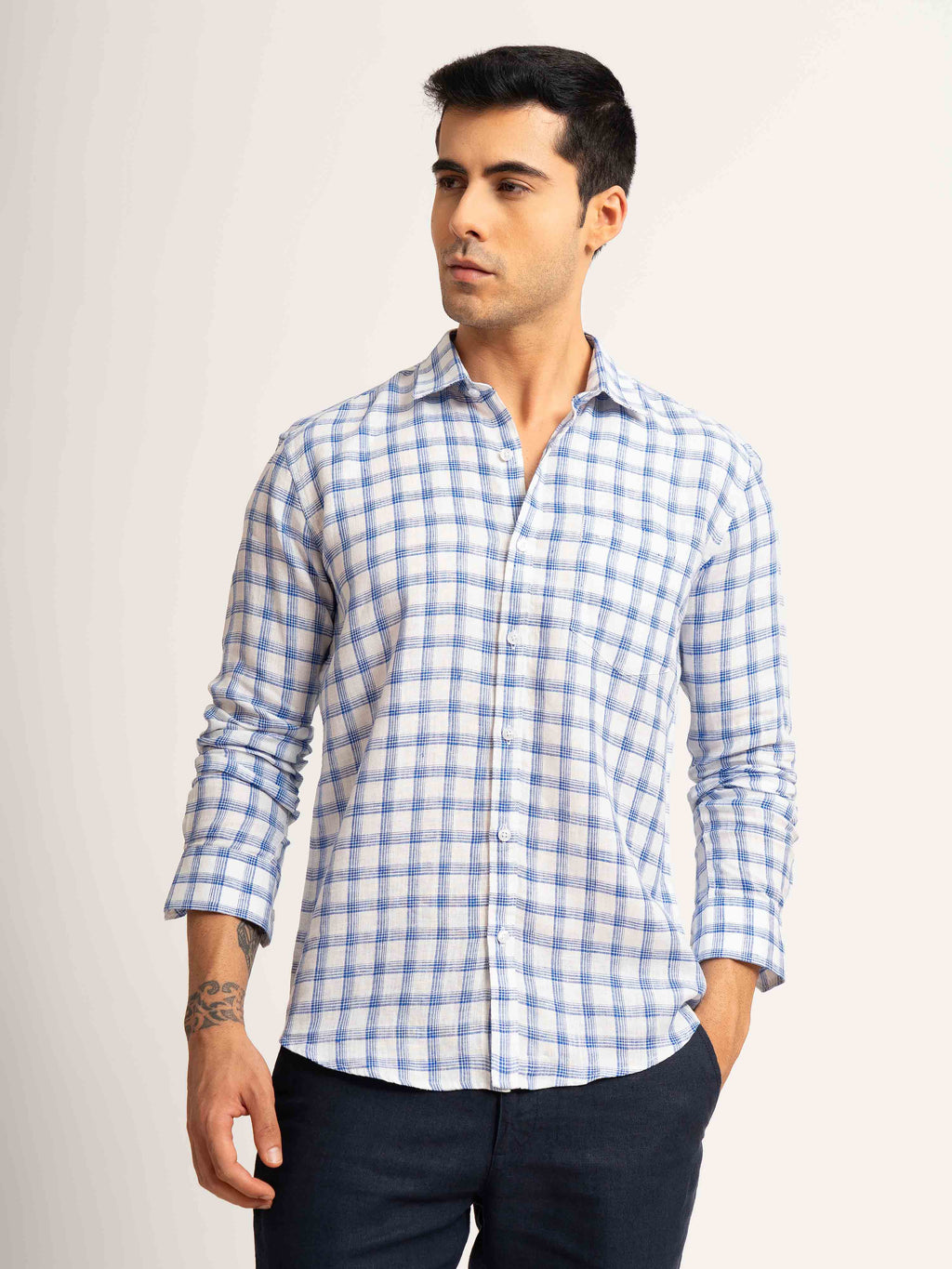 ST4U Men's Pure Linen Full Sleeve Checked Shirt – Dark Blue Checks