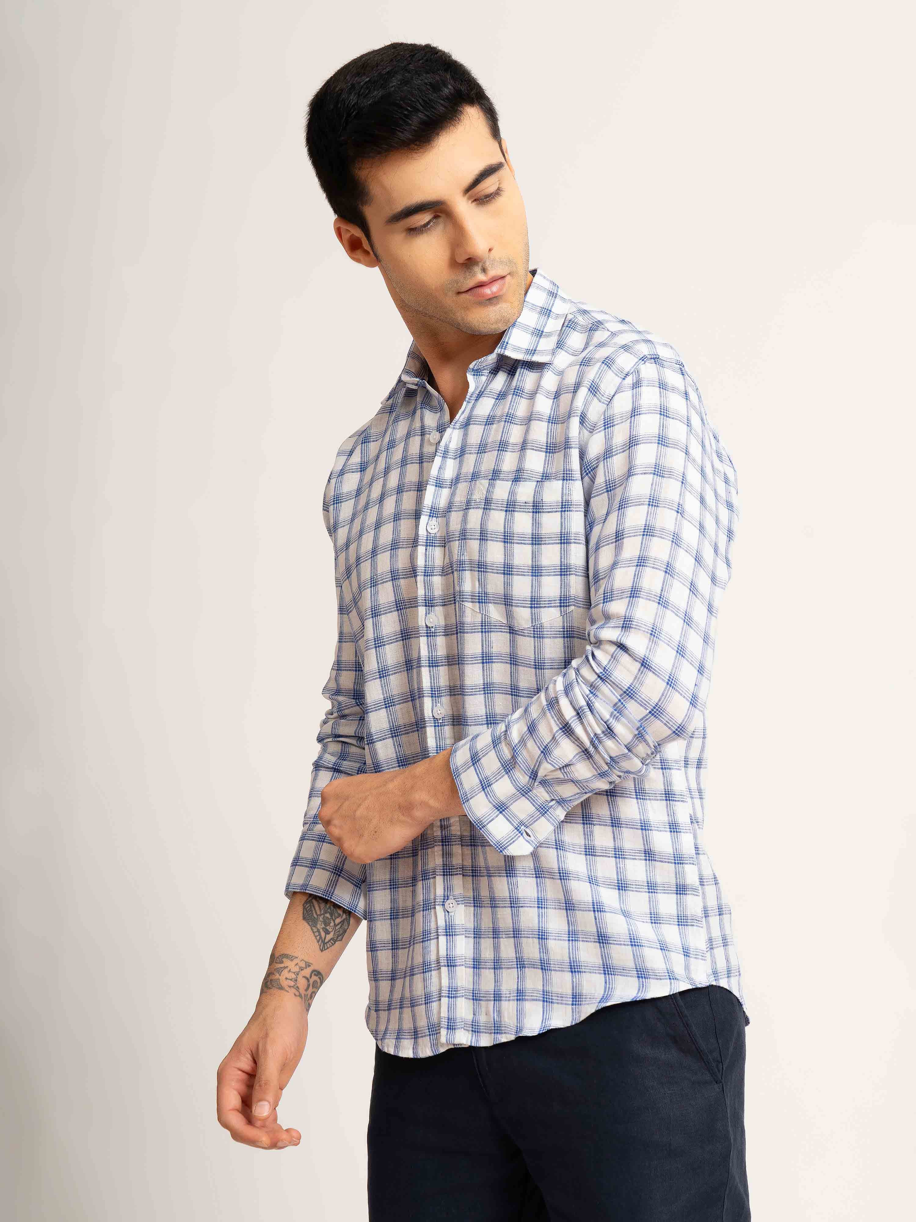 ST4U Men's Pure Linen Full Sleeve Checked Shirt – Dark Blue Checks