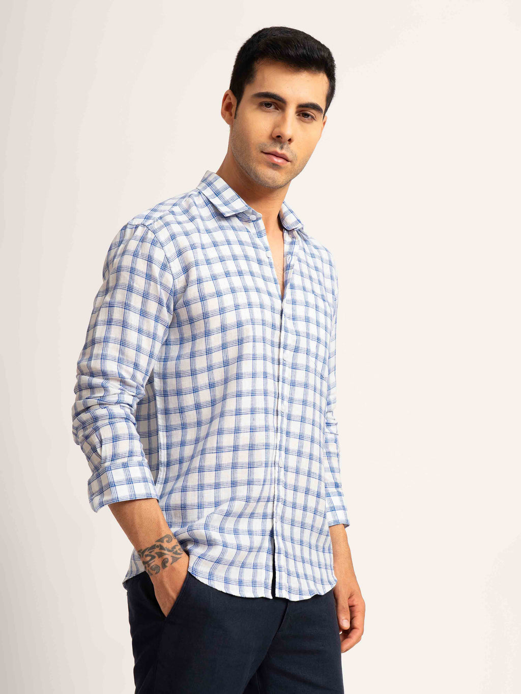 ST4U Men's Pure Linen Full Sleeve Checked Shirt – Dark Blue Checks
