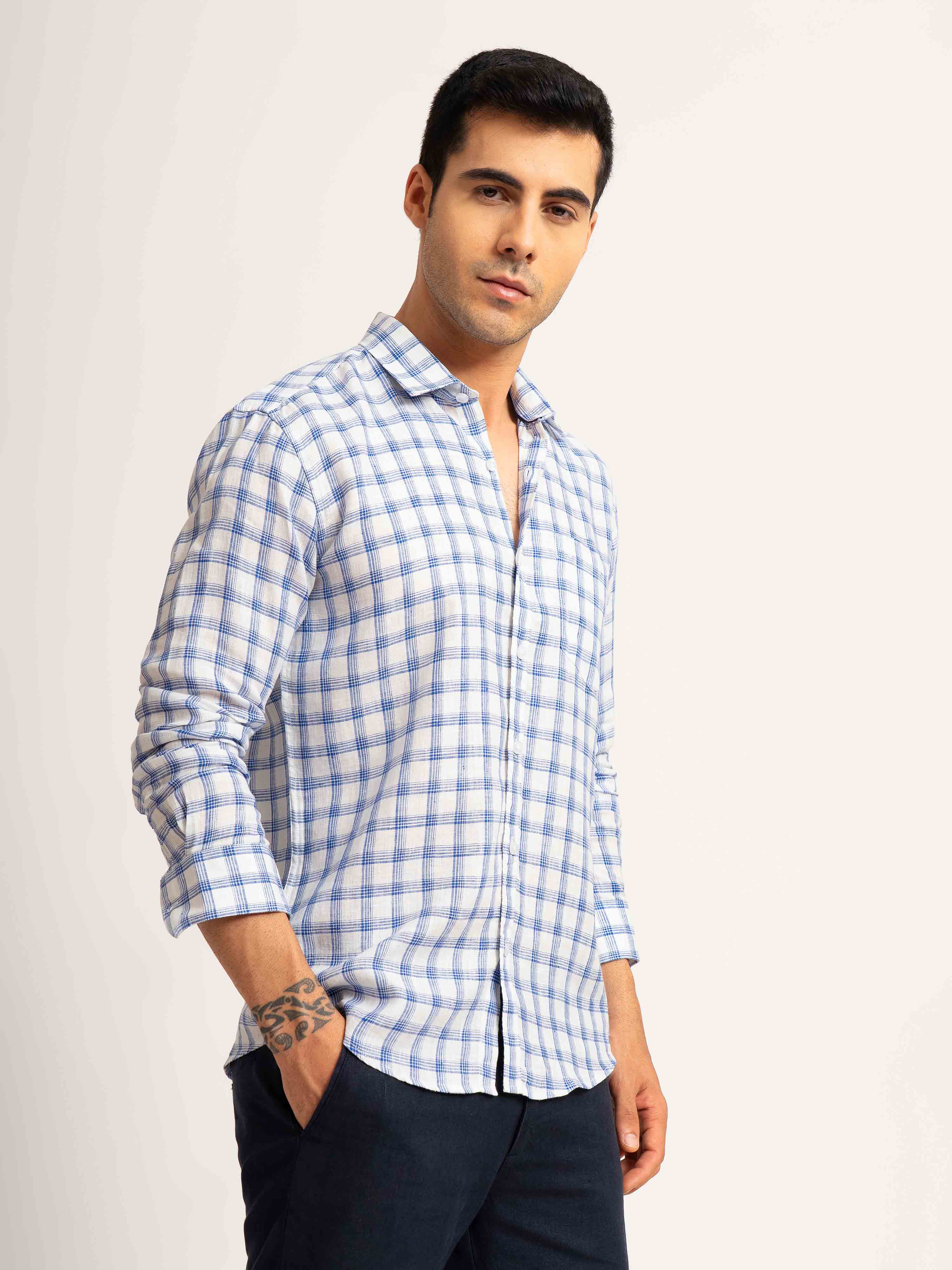 ST4U Men's Pure Linen Full Sleeve Checked Shirt – Dark Blue Checks