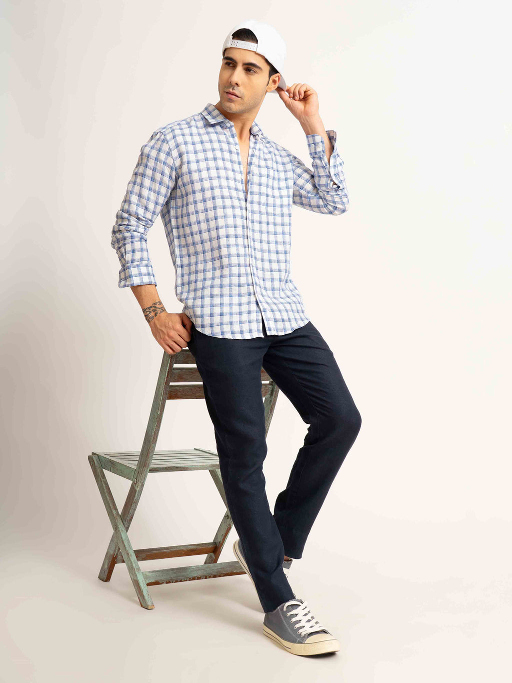 ST4U Men's Pure Linen Full Sleeve Checked Shirt – Dark Blue Checks