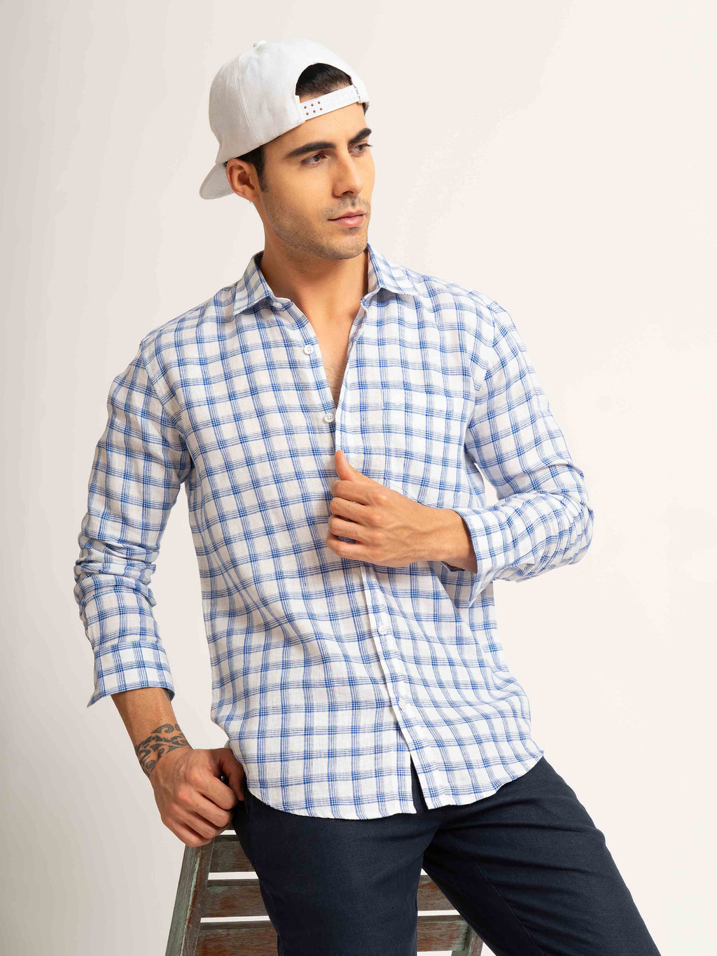 ST4U Men's Pure Linen Full Sleeve Checked Shirt – Dark Blue Checks