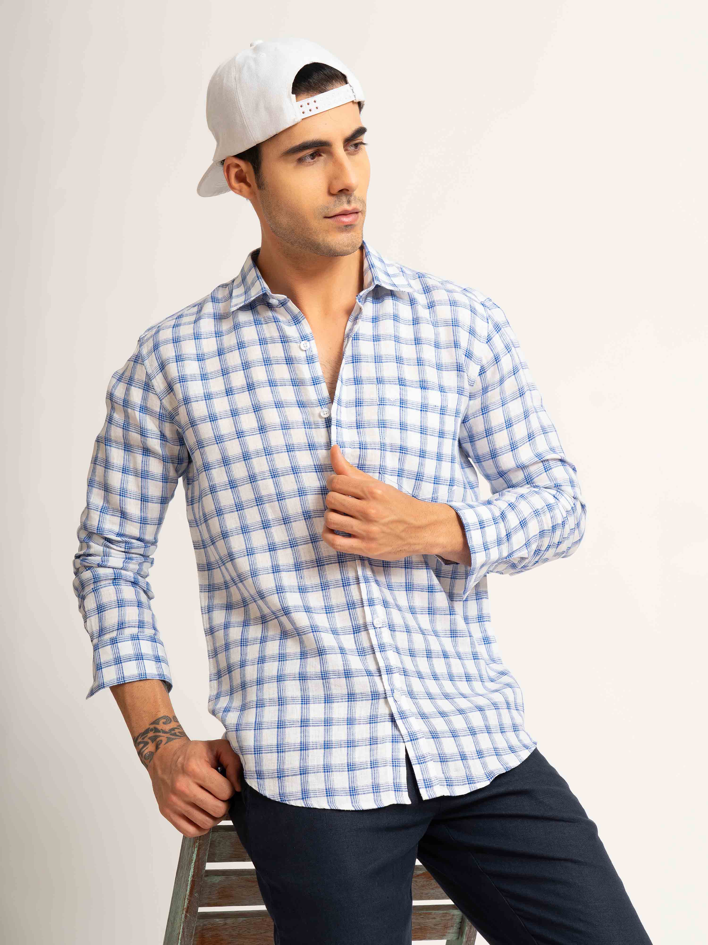 ST4U Men's Pure Linen Full Sleeve Checked Shirt – Dark Blue Checks