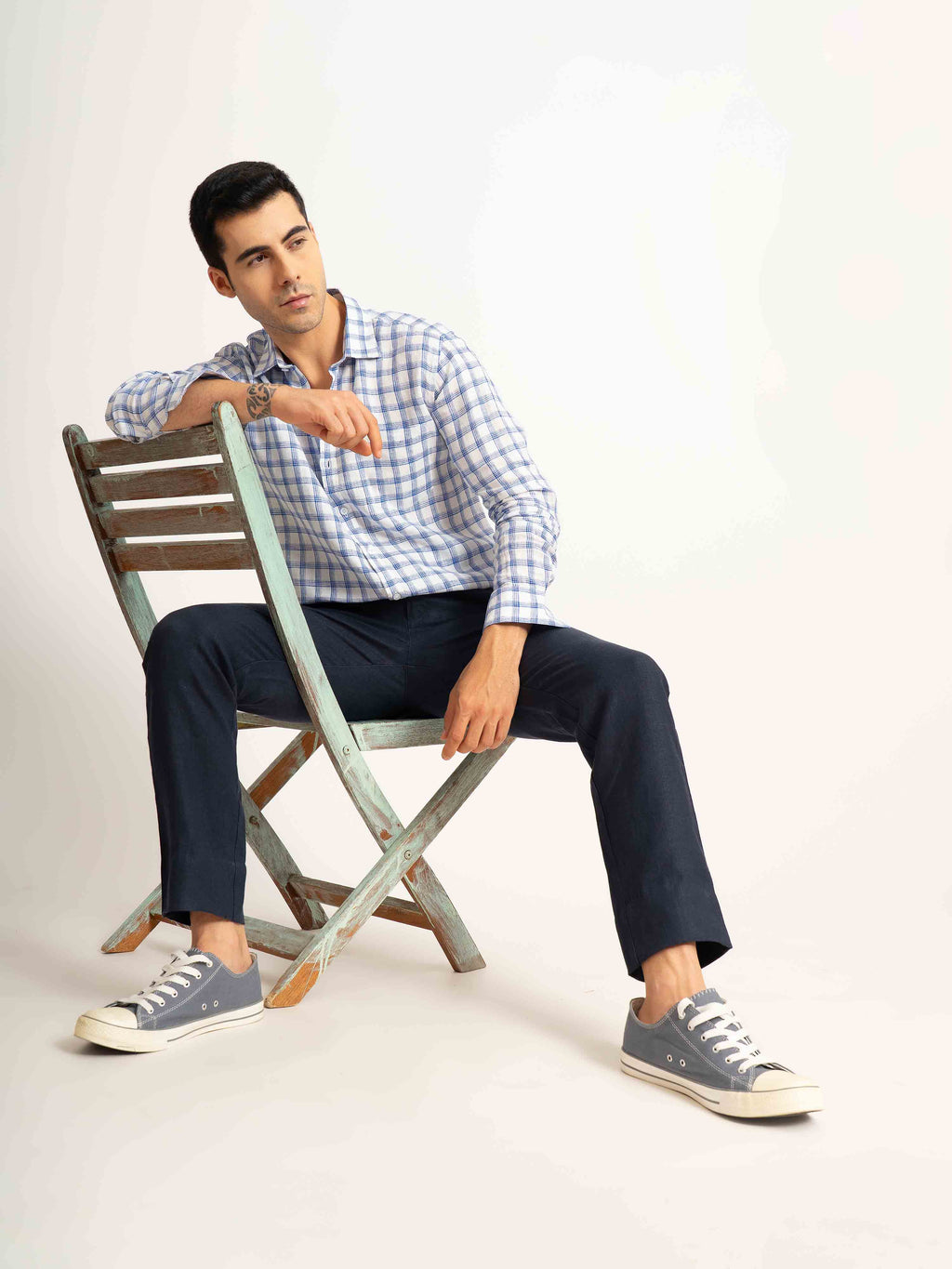 ST4U Men's Pure Linen Full Sleeve Checked Shirt – Dark Blue Checks