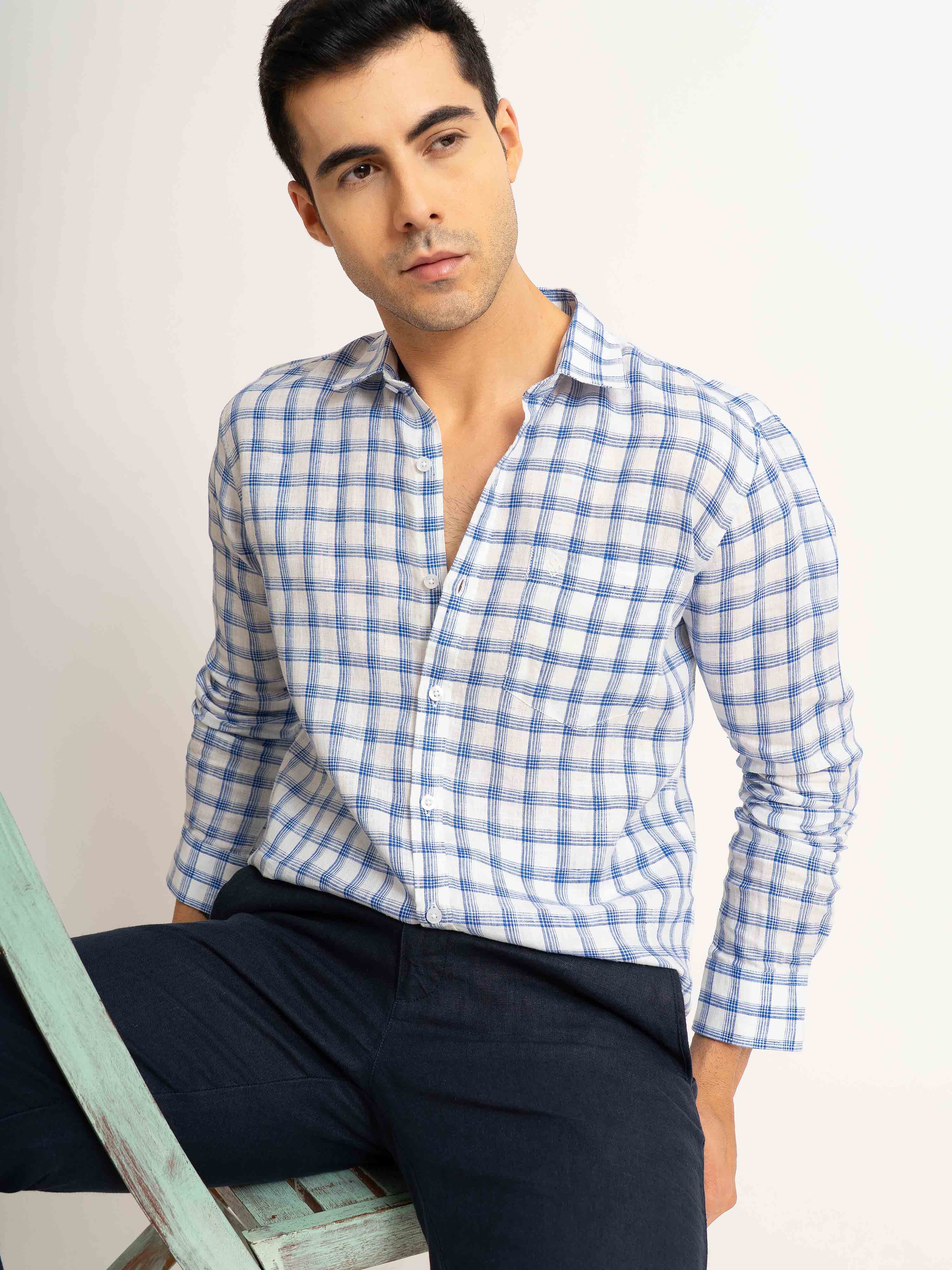 ST4U Men's Pure Linen Full Sleeve Checked Shirt – Dark Blue Checks
